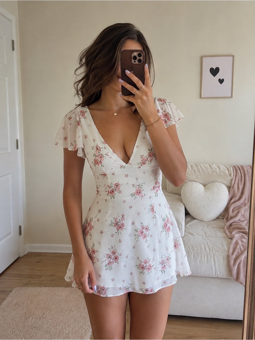 LPA Liv Romantic Floral Mini Dress Cream & Clay Size S NWT